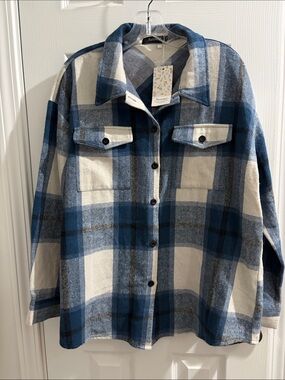 Blue & White Plaid Utility Shacket Jacket